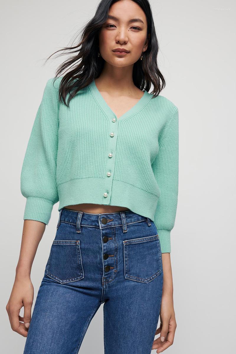 

Women' Knits & Tees Pearl Button Knitted Cardigan Sweater 2022 Summer Outer Single-breasted V-neck Short Coat Women' Time22, Green