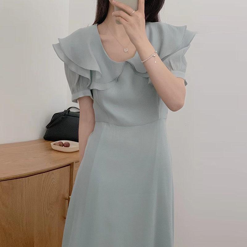

Party Dresses Ruffles Turn-Down Collar Summer Women Dress Korean Puff Sleeve Chiffon Solid Elegant Vintage OL VestidosParty, Blue