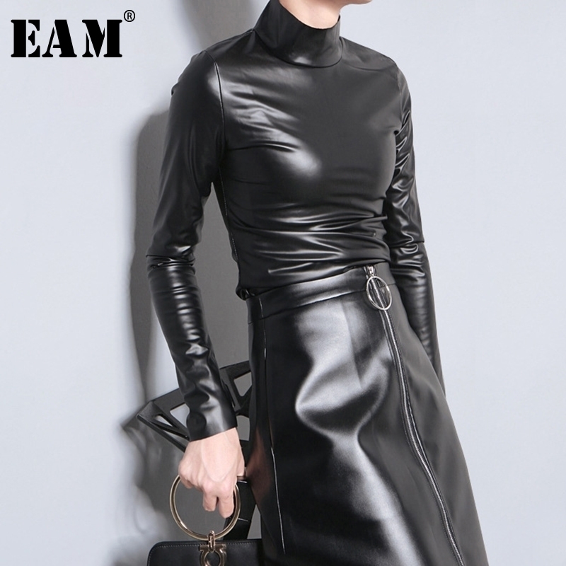 

EAM Spring Autumn PU Leather Turtleneck Long Sleeve Simple Temperament Tshirt Women Fashion Allmatch JY933 Y200109, Black
