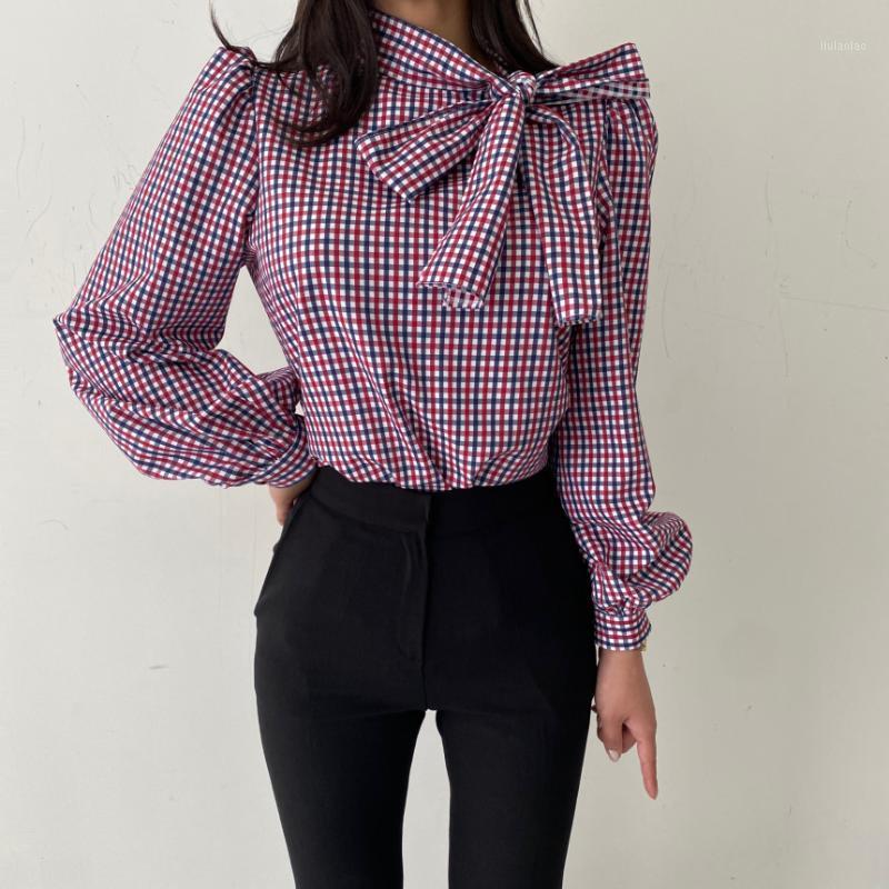 

Korean Fashion Chic Bow Puff Sleeve Blouse Women Plaid Top Vintage Elegant Shirts 2022 Spring Ladies Blouses Women's &, Red