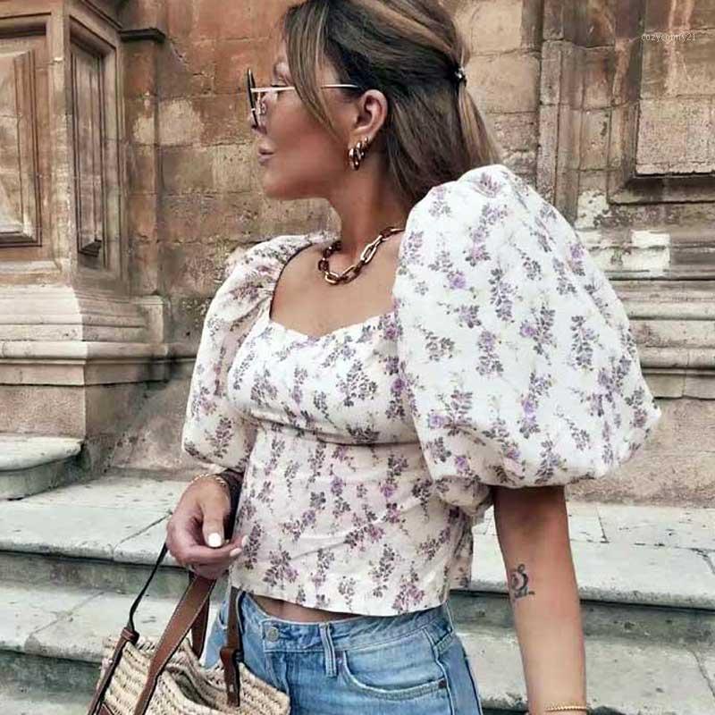 

Women' Blouses & Shirts Boho Inspired Beige Floral Lace-up Back Sexy Womens Tops Puff Sleeves Holiday Summer Blouse Women Chiffon Beach