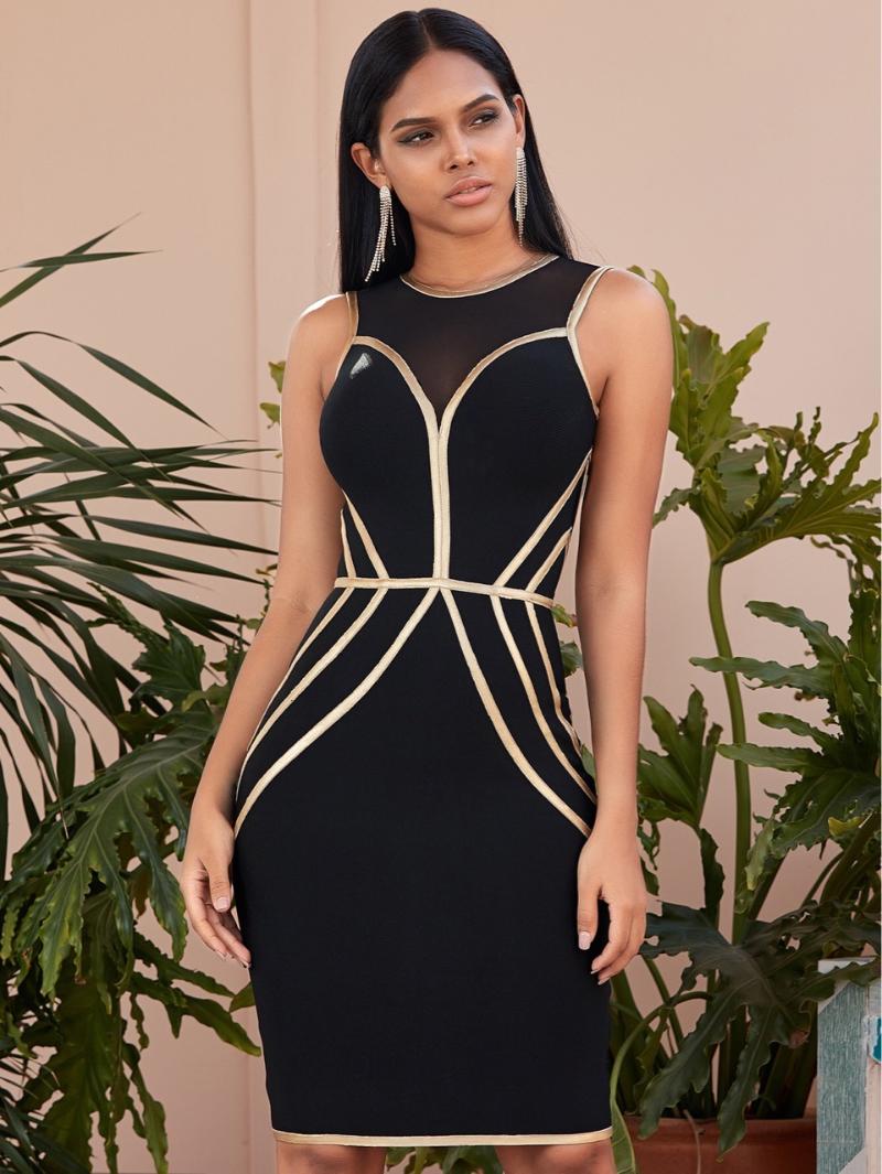 

Casual Dresses LUO XIAO HEI STORE Summer Women Black Bodycon Bandage Dress Vestido Sexy Sleeve Club Celebrity Runway Party