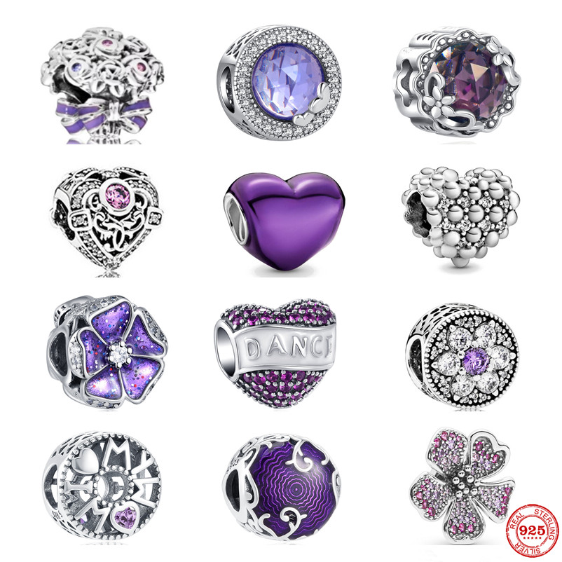 925 STERLING Silver Charm Charme Rêve Perles violettes Love Cœur Fleurs Perles Perles Perle Fit Charmes Bracelet Bijoux DIY ACCESSOIRES