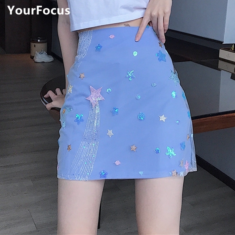 

Sweet lolita chic Mermaid blue skirt shining sequins star mesh short mini skirt Y200326, Sky blue