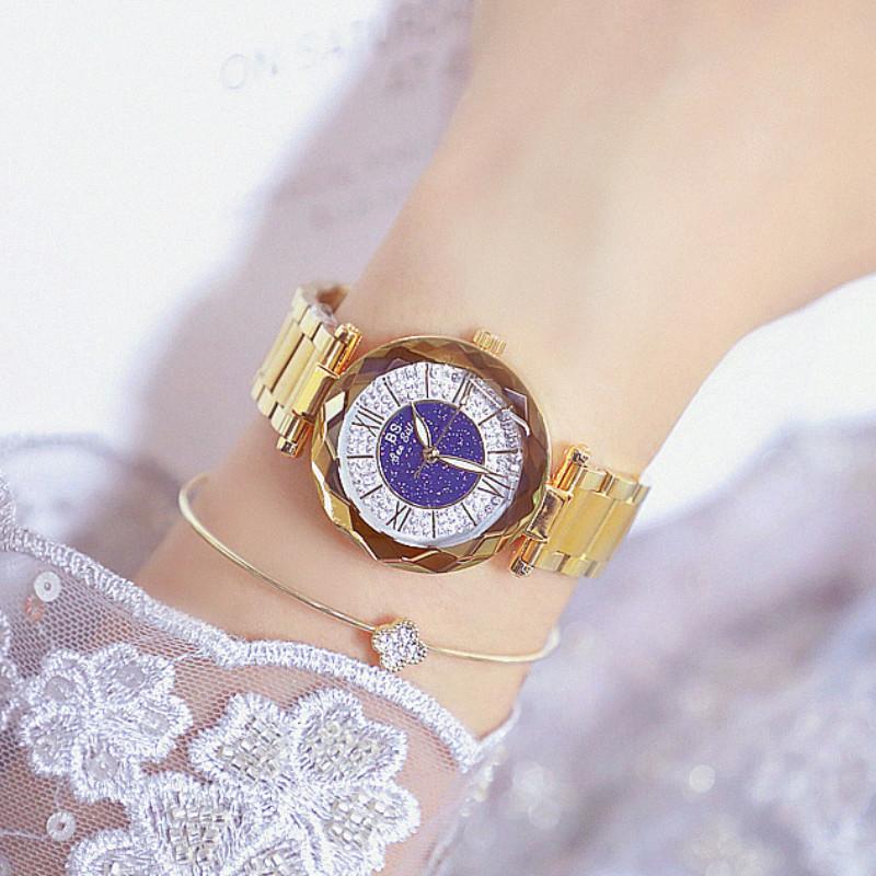 

Wristwatches Crystal Bracelet Watch Luxury Women Quartz Date Clock Female Gemstone Ladies Relogio FemininoWristwatches, Gold