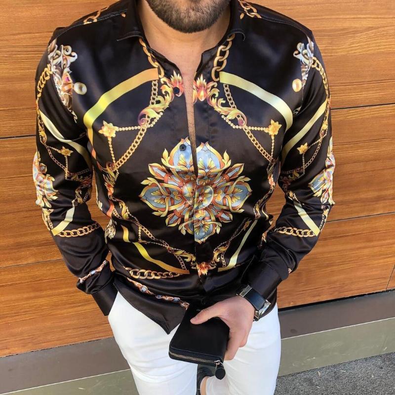 

Men' Casual Shirts Vintage Printing 2022 Spring Men Long Sleeve Dress Shirt Streetwear Social Party ClothesMen, Beige