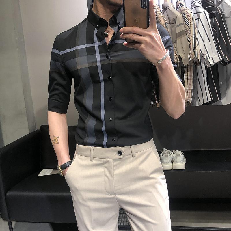 

Men's Casual Shirts Shirt Mid-sleeve Trend Plaid Thin Five-point Sleeve Summer Net Red Foreign Style Small Inch Clothing, Black