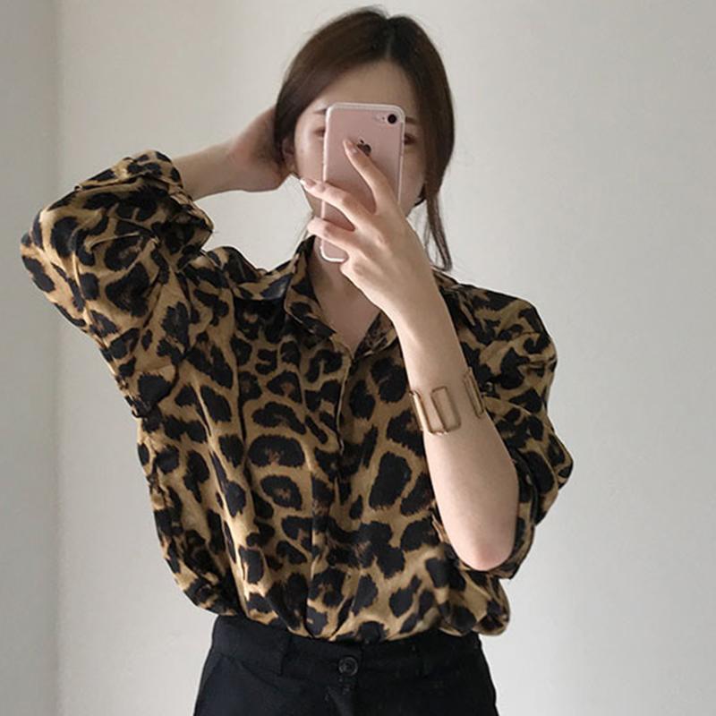 

Women' Blouses & Shirts Vintage Leopard Print Turn Down Collar Woman Single Breasted Loose Casual Long Sleeve Blouse Women Korean Style Blu