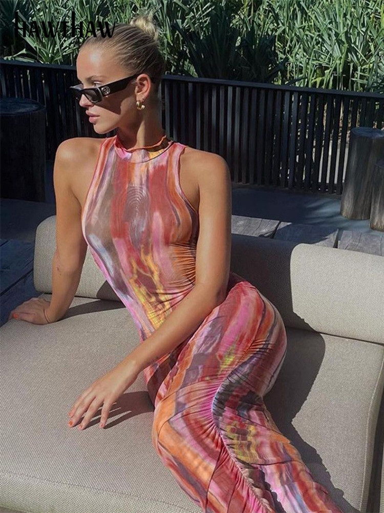 

Hawthaw Women Fashion Mesh Printed Bodycon Sleeveless Pencil Tank Midi Dress 2022 Summer Clothes Wholesale Items For Business, Pink