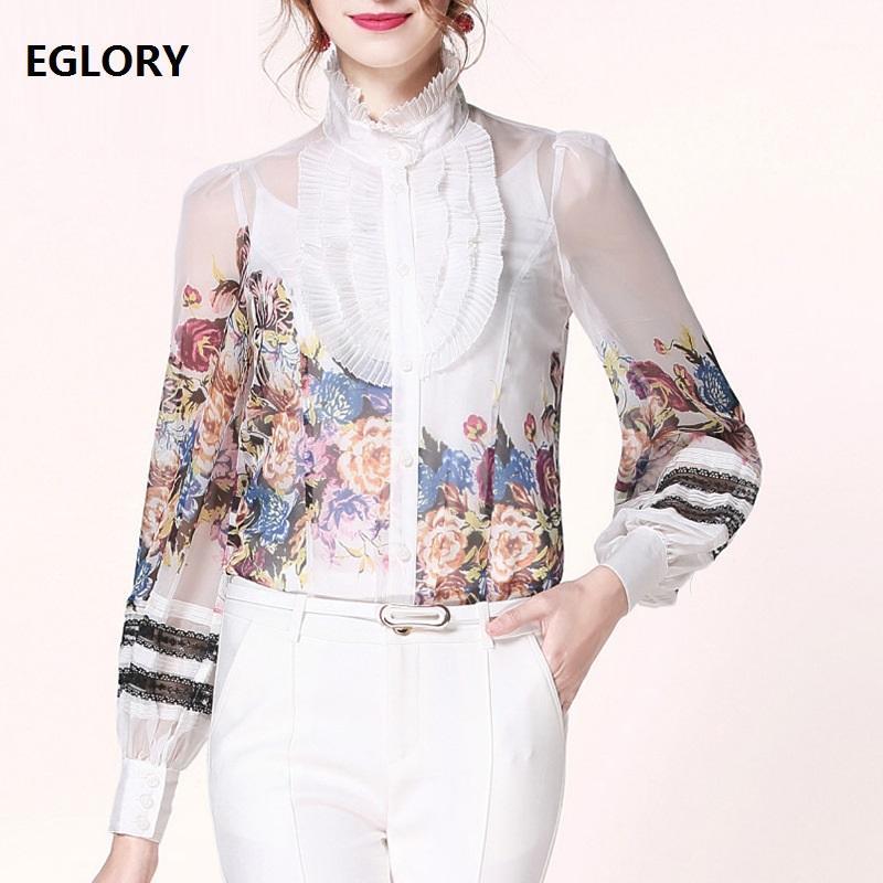 

Women' Blouses & Shirts High Quality Blouse Shirt Women Ruffled Collar Vintage Print Patchwork Lantern Sleeve Elegant Chiffon Moda Mujer 20, Black