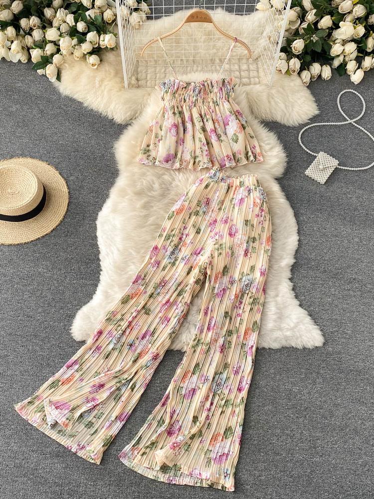 

Women's Blouses & Shirts Summer Women Two Peice Sets Fashion Floral Print Pants Set Female Spaghetti Strap Top & Wide Leg Outfit, White