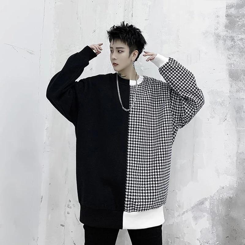 

Men' Hoodies & Sweatshirts Spring Dark Series Ins Individual Thousand Bird Pattern Black And White Contrast Color Splicing Loose Hip Hop