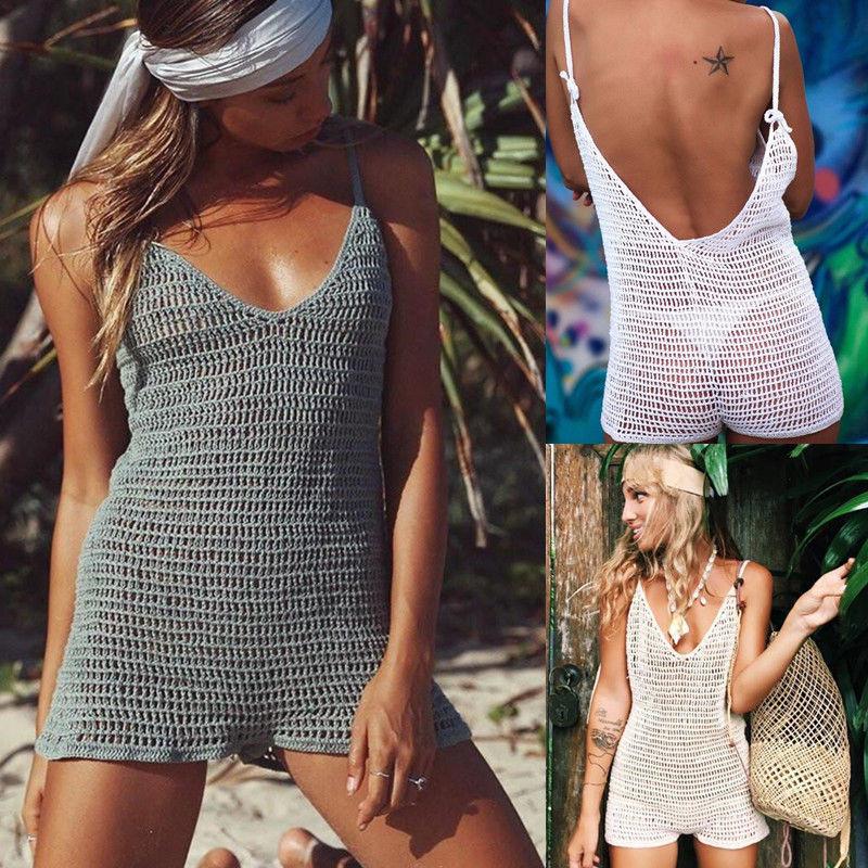 

Women's Swimwear Hand Crochet Mini Dress Low-cut Back Fitted Halter Beach Short LengthWomen's, White