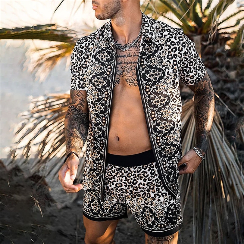 Hommes imprimé léopard hawaïen ensembles été à manches courtes bouton chemise Shorts de plage Streetwear décontracté hommes costume 2 pièces 2206