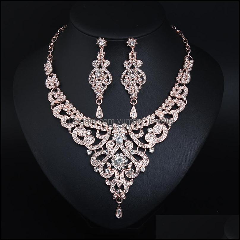 

Wedding Jewelry Sets Set Rhinestone Crystal Necklace Choker And Drop Earrings Accessories For Women Bridal Luxury Party Gift Delivery 2021 V