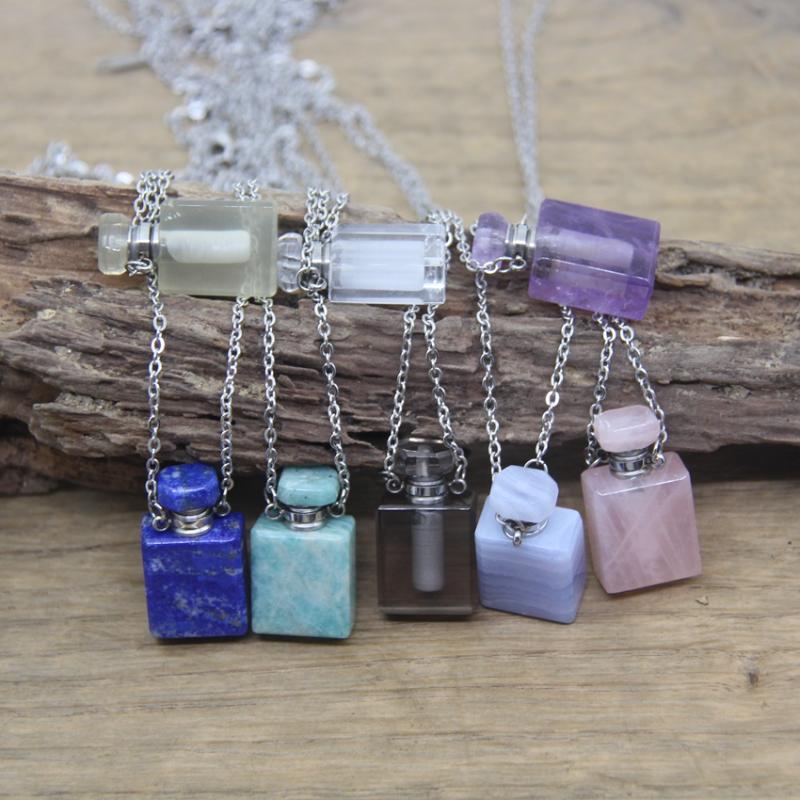 

Pendant Necklaces Silvery Chains 15x28mm Rectangle Gems Perfume Bottle Pendants Crystal Lapis Amethysts Essential Oil Vial Charms QC1025Pend