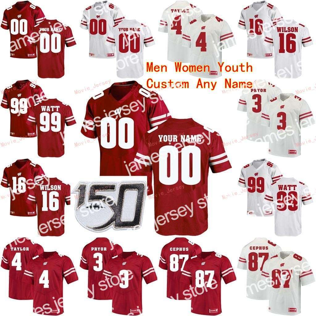 

New Stitched Custom 37 Garrett Groshek 4 AJ Taylor 42 TJ Watt 45 Alec Ingold Wisconsin Badgers College Men Women Youth Jersey, Mens white with 150th patch