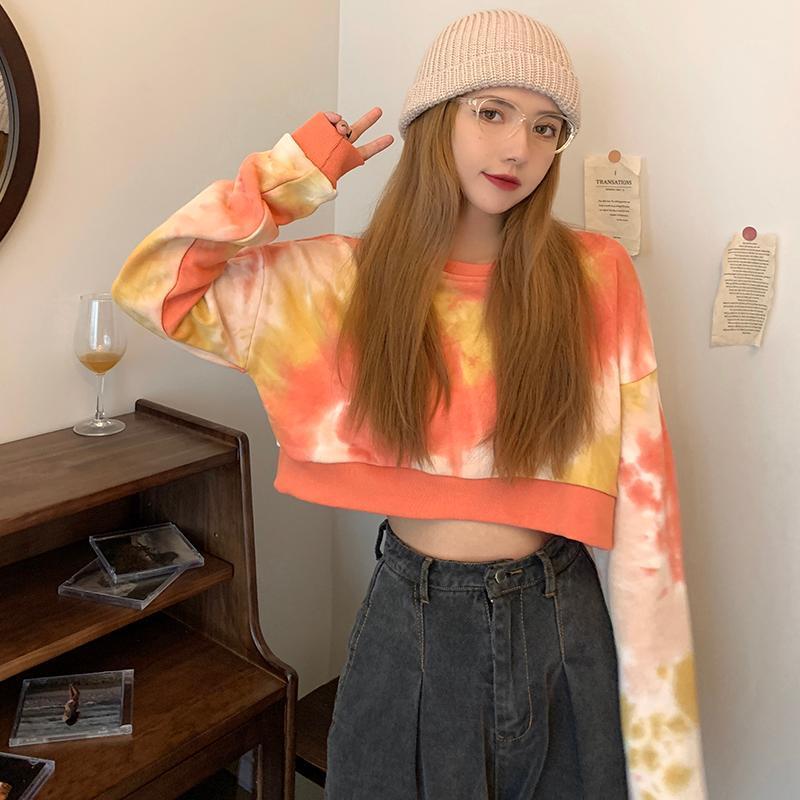 

Fashion Korean Streetwear Crewneck Long Sleeve Tie Dye Pullover Sweatshirt Crop Top Women Oversized Harajuku Hoodie C133 Women's Hoodies & S, Orange