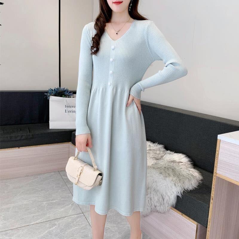 

Knitted Dress Autumn Winter Elegant Fashion V Neck Buttons Slim Waist Pullover Sweater Dresses Midi Basic Knitting, Blue