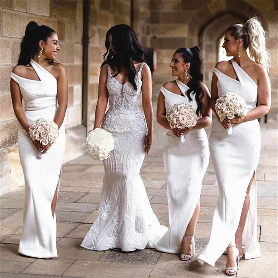 2021 Blanc Double One épaule Robes de demoiselle d'honneur Sirène longue Sexy Side Split Wedding fête Robe de Sobere de Mariage Gown Onein300n
