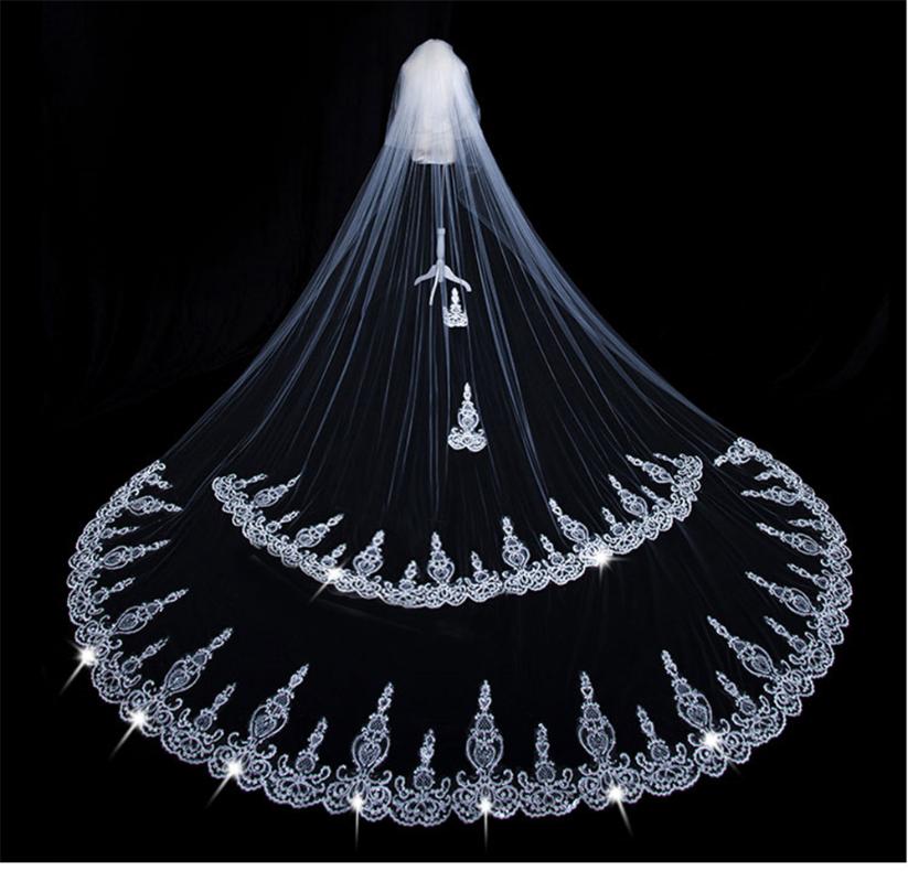 

Bridal Veils Wedding Long Lace Edge Appliques Sequins Cathedral Face-Covered Veil With Comb 3.8Meters Two-Layer White/IvoryBridal