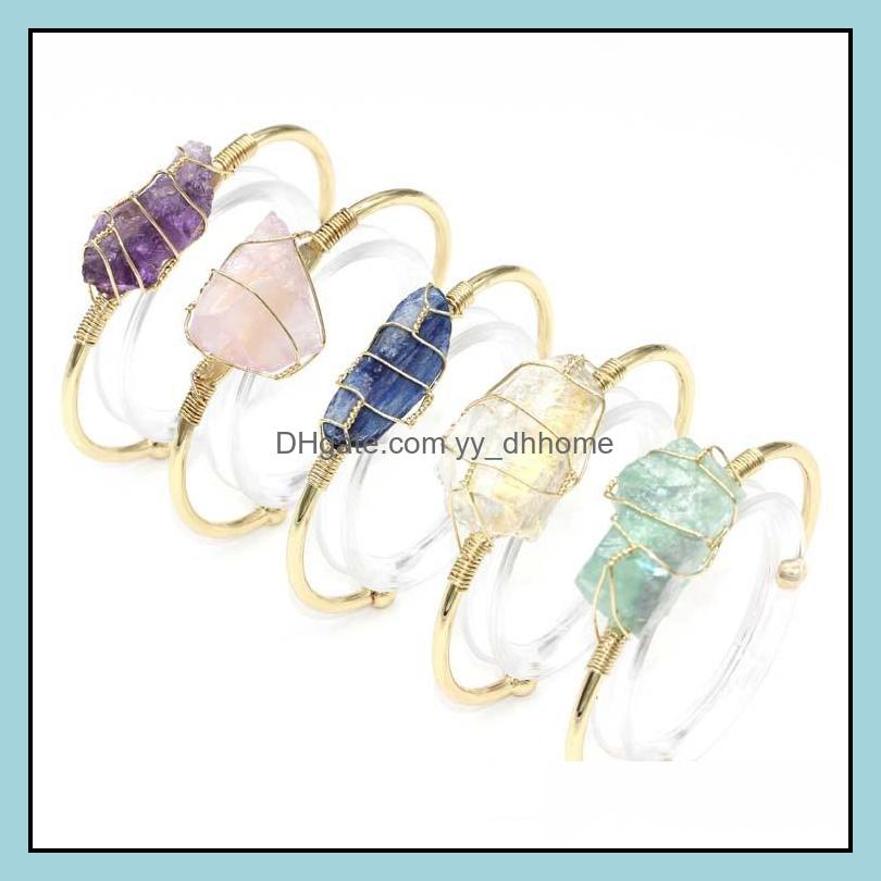

Cuff Bracelets Jewelry Jln Gemstone Wire Wrapped Bangle Irregar Mineral Crystal Stone Gold Plated Open For Women Girl Gift Drop Delivery 202