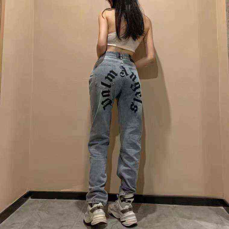 

Pants Palm palm alphabet Sanskrit print straight tube casual light color washed denim men's and women's couple pants PA jeans, Blue