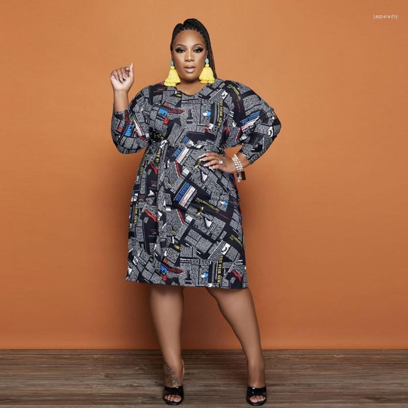 

Plus Size Dresses 2022 Autumn Winter Fashion Womens Dress Printing Temperament Split Fork V-neck Long Sleeve African Women Jasp22, Black