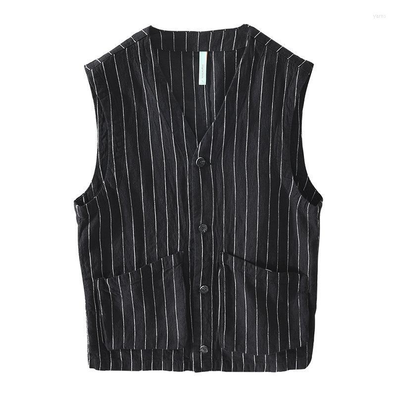 

Men's Cotton And Linen Striped Vest Casual Thin Waistcoat Vests, Black