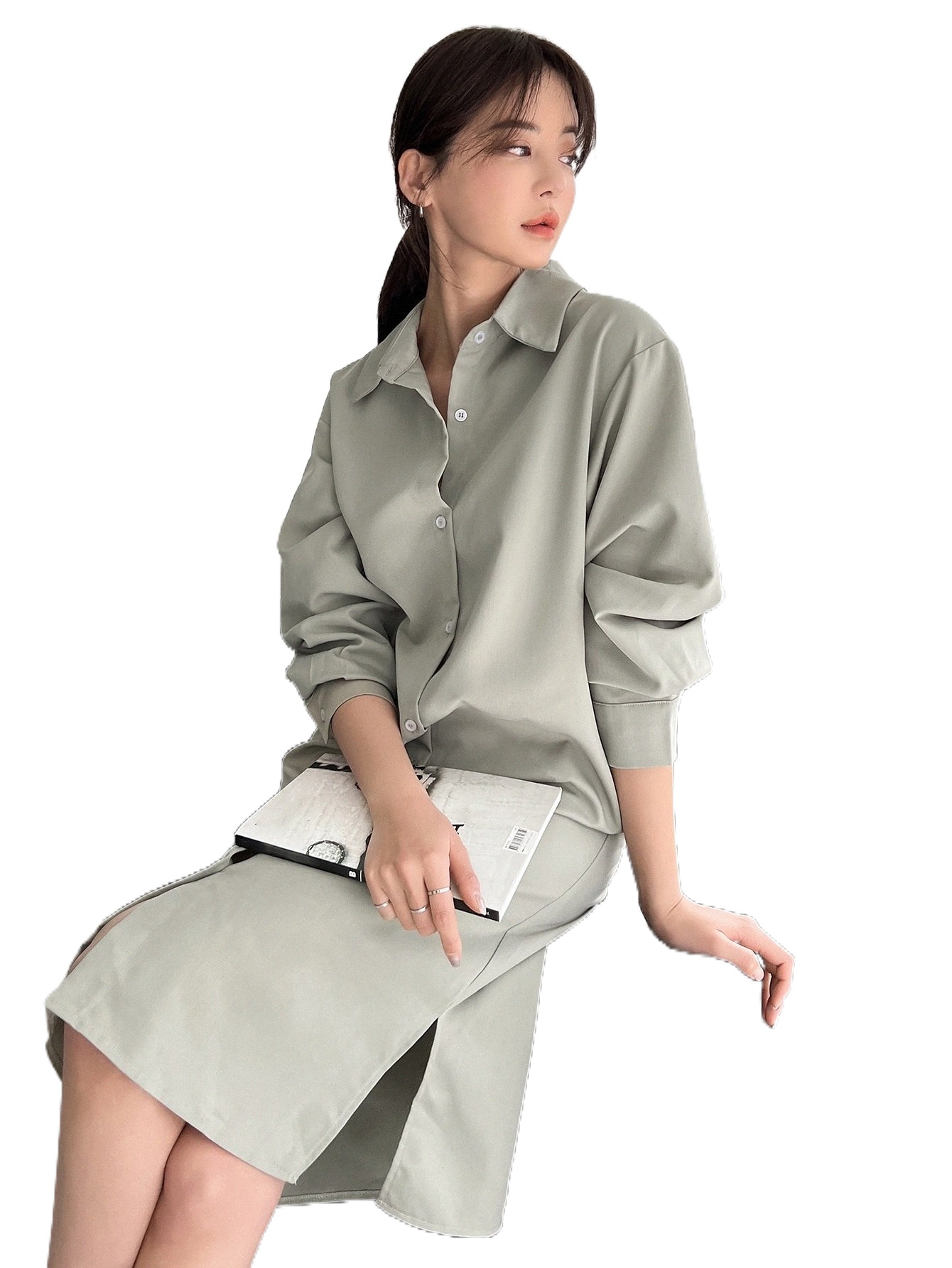 

dazy Solid Button Up Split Side Drop Shoulder Shirt Dress H3Cc#, Green