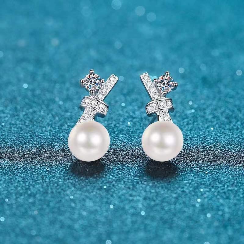 

Stud Trendy 925 Sterling Silver Natural Freshwater Pearl Moissanite Cross Earrings For Women Platinum Plated GRA EarringsStud