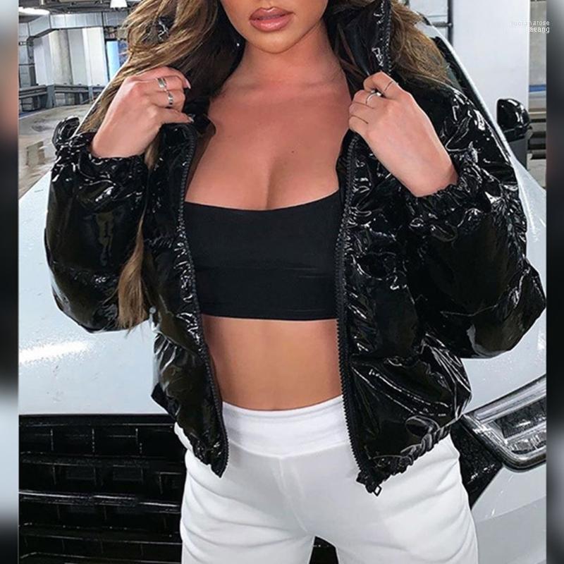 

Women Winter Long Sleeve Zipper Puffer Jacket Stand Collar Shiny Metallic Faux Leather Cropped Puffy Bubble Coat Quilted Parkas1 Luci22, Black