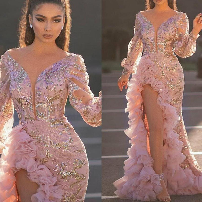 

Pink Evening Dresses Mermaid Appliques Lace Net Yarn Trailing Sequins Split Dubai Saudi Arabia Long Prom Dress Gown Robe De Soiree