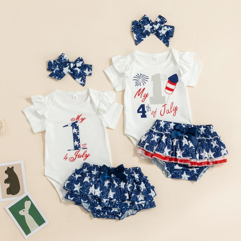 

Clothing Sets Independent Day Infant Baby Girl's Romper Outfit Short Sleeve Letter Printed T-Shirt Ruffle Bowknot Shorts Headband 3Pcs S