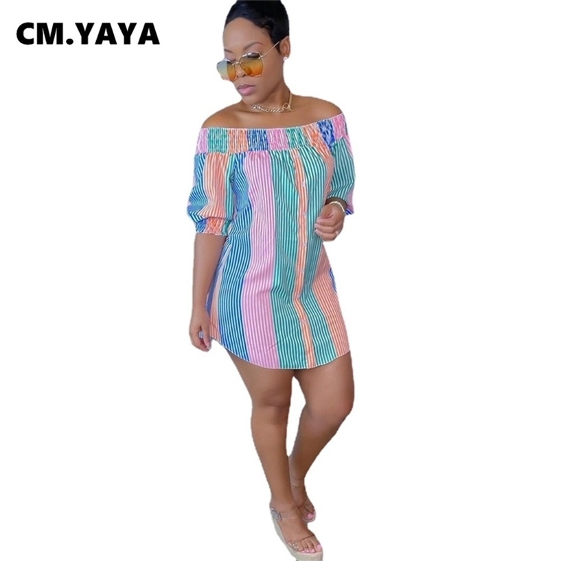 

CM.YAYA Women Mini Dress Print Short Sleeve Off Shoulder Straight Loose Dresses Sexy Fashion Vestidos Outfit Summer 220418, Pink green
