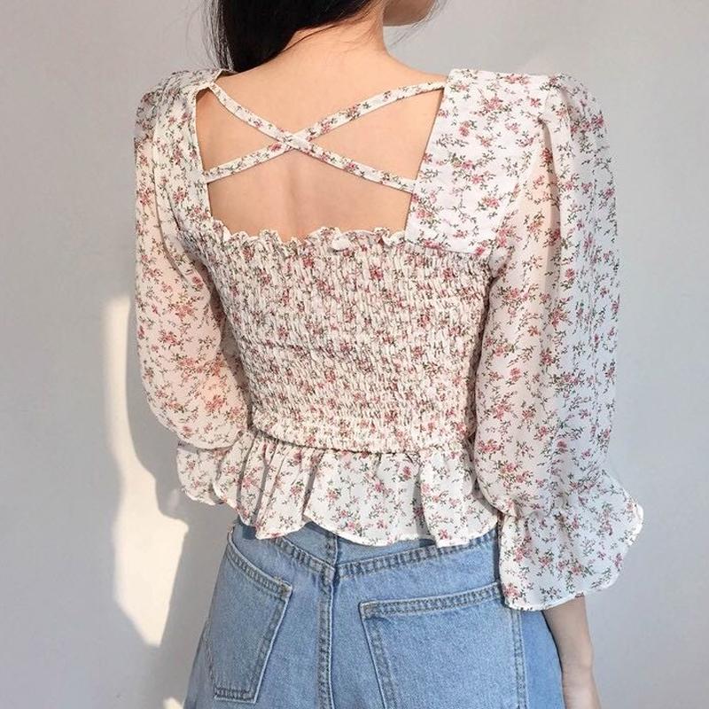 

Women' Blouses & Shirts Blusas Mujer Casual Flare Sleeve Pleated Chiffon Shirt Women Autumn Korean Square Collar Floral Blouse Backless 102, Blue