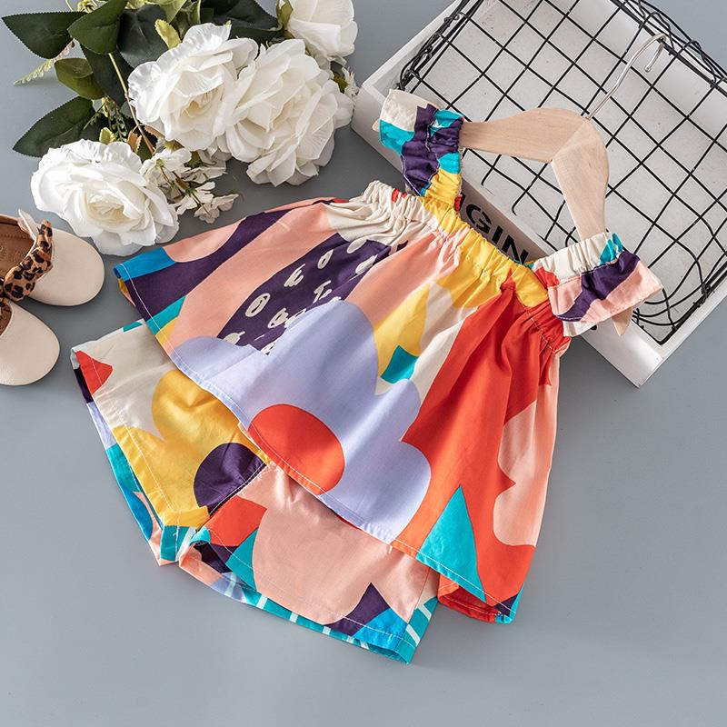 

Summer Girl Baby Clothes Set Suspender Top Shorts Suit For Girls Cloth 1 Year Birthday Kids Outfit Thin Cool Sets, As pictre