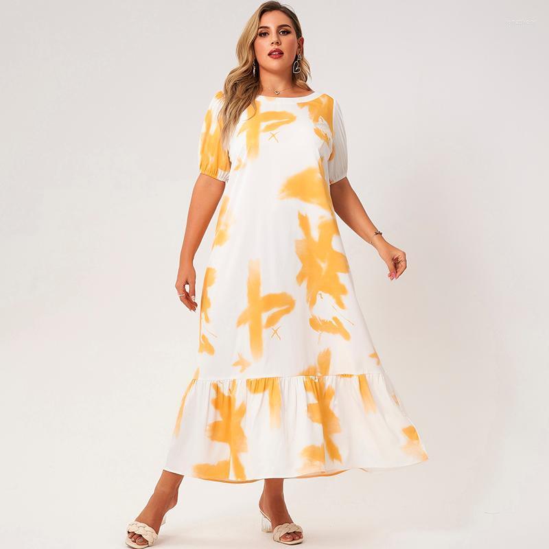 

Plus Size Dresses Summer Maxi Dress Women 2022 White Yellow Tie Dye Ruffle Hem Patchwork Lantern Short Sleeve Art Loose Casual Robes Jona22