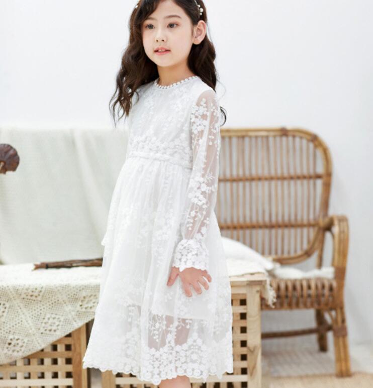 

Girls' Dresses 2022 Spring New Korean Version Middle-aged Children's White Mesh Skirt Children's Lace Princess Dress, Beige