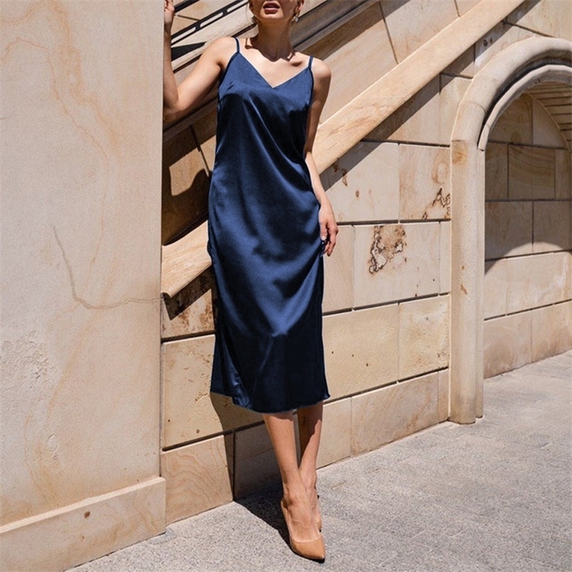 

Satin Summer Dress Spaghetti Straps V-Neck Backless Long Dresses For Women Party Sexy Vestidos Sundress 220418, Light blue