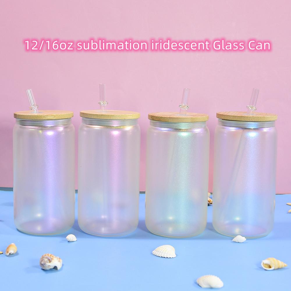 

12oz 16oz Sublimation iridescent Glow in the Dark Glass Can tumblers Rainbow Glasses Shimmer Beer Glass Tumbler Frosted Drinkingtumbler With Bamboo Lid, Shippingfee(don't choose)