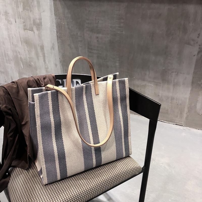 

Evening Bags Korean Striped Canvas Shoulder Bag Simple Large-capacity Shopping Handbag Ladies Daily Commuter, Black