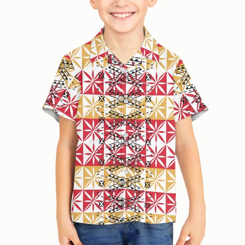 

Men's Casual Shirts Short Sleeve Button Down Boy V-neck Shirt Sublimation Print Polynesian Tribal Samoa Yellow Red Tapa Floral Kid ShirtMen', Wmy22062802d84