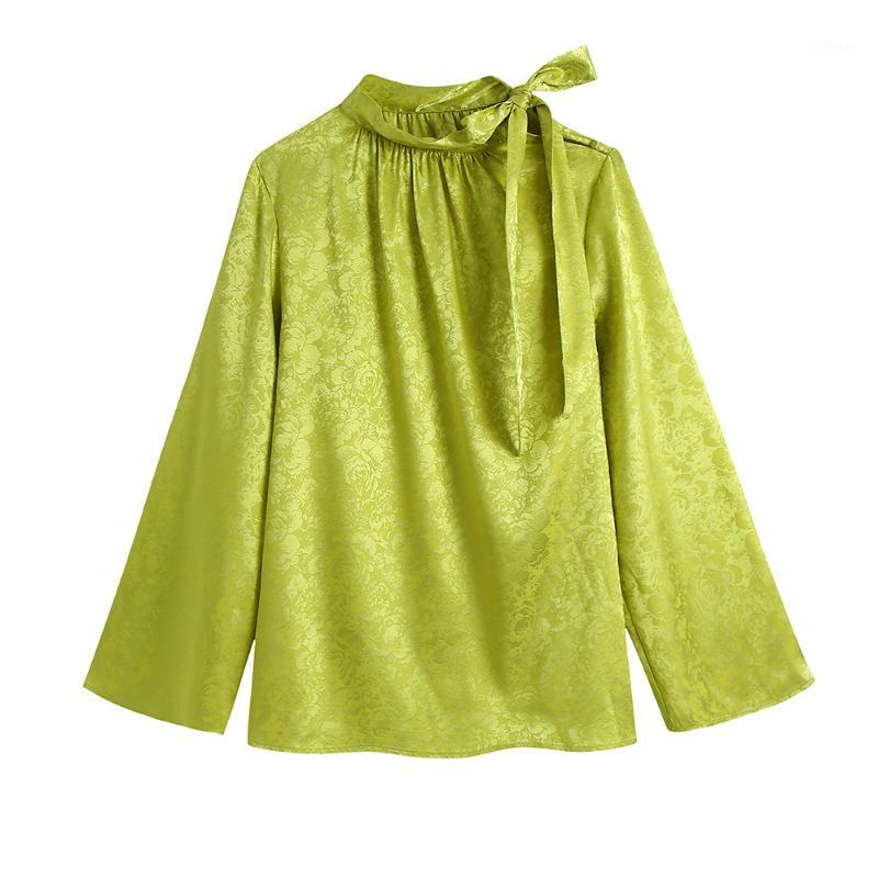 

Women's Blouses & Shirts Fashion Tops 2022 Women Clothing Elegant Stand Collar Side Tie Long Sleeve Loose Vintage Solid Jacquard Satin Blous, Green