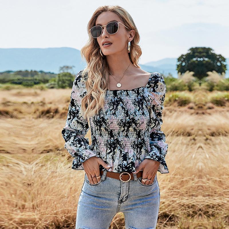 

Women' Blouses & Shirts Summer Short Floral Blouse Top For Women 2022 Elegant Square Collar Slim Full Sleeve Ladies Casual Print Pullover, Black