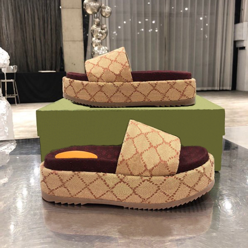 

2022 womens fashion embroidered canvas designer slides slip on slippers girls 60mm Canvas covered platform sandals with box and dust bags, W19 rust pink 36-40