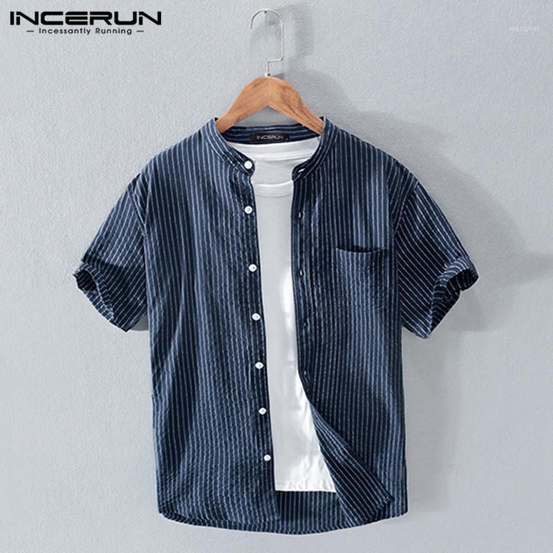 

Men Striped Shirts Short Sleeve Stand Collar Blusas Cotton Breathable Buttons Camisa Summer Harajuku Tops S-5XL Men's Casual, Wine red