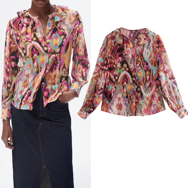 

Women's Blouses & Shirts Print Ruffle Top Women Vintage Chiffon Blouse Female 2022 Autumn Long Sleeve Woman Fashion Button Up Baggy Shi, White