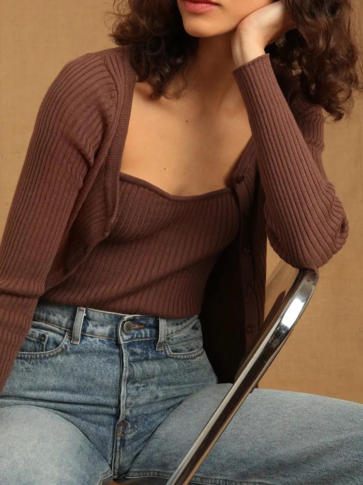 

Women's Knits & Tees Women O-Neck Rib Knitted Sweater Cardigan Long Sleeve Ladies Single-Breasted Slim Knitwear Tops 2022 Spring SummerWomen, Brown tank top