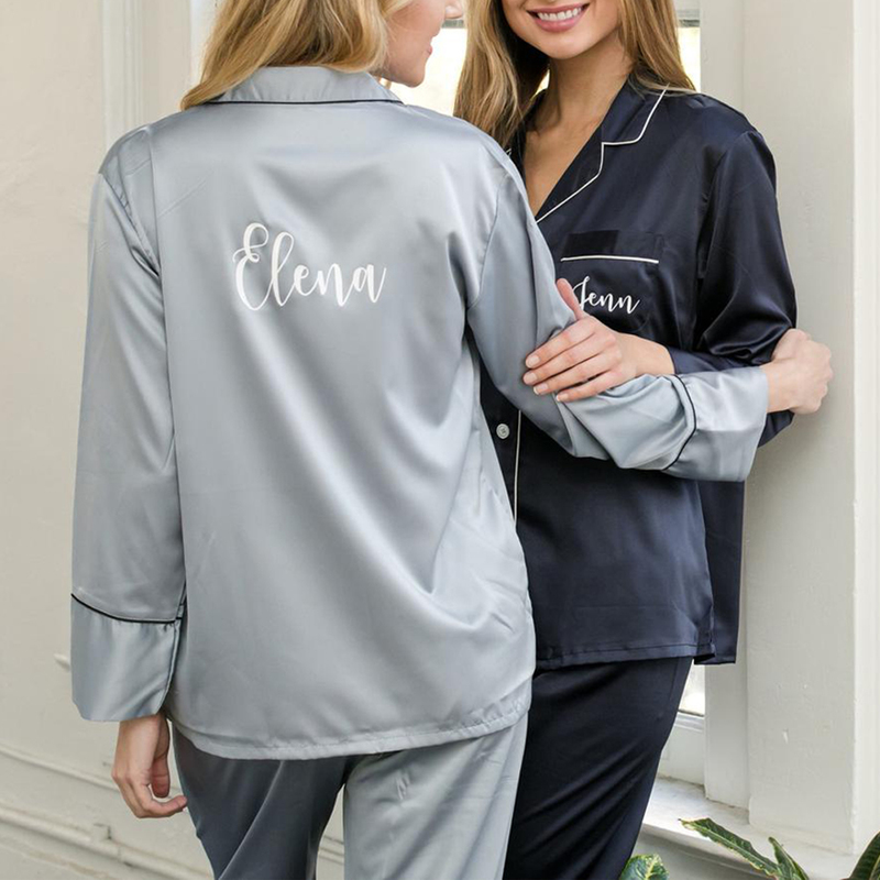 Ensemble de pyjamas soyeux en satin à manches longues personnalisés pour fête de mariage, cadeaux de demoiselle d'honneur, nom personnalisé, long